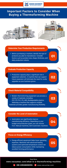 Selecting the right Thermoforming Machine is essential for manufacturers seeking to improve production efficiency, reduce operating costs, and maintain consistent product quality. With numerous models available, businesses should carefully evaluate their requirements before making an investment.
One of the most important factors to consider is production capacity. The machine should be capable of meeting current manufacturing demands while providing enough flexibility to support future growth. Choosing equipment with the right output capacity can improve productivity and reduce unnecessary expenses.
Also Read: https://www.sold.com.au/classifieds/plastic-thermoforming-machine-for-precision-packaging-shanghai-zhanshi
Material compatibility is another key consideration. A modern Thermoforming Machine should support a variety of materials, including PET, PP, PVC, PS, and other plastic sheets. This flexibility allows manufacturers to expand their product range and adapt to changing market demands.
Also Read: https://medium.com/@plasticformingmachine/thermoforming-machines-real-world-applications-across-industries-c836f6e3fb88
Automation features also play a significant role in improving efficiency. Advanced machines with automated feeding, heating, forming, and cutting systems can reduce labor requirements while increasing production speed.
Shanghai Zhanshi Mechanical Equipment Co., Ltd. provides reliable thermoforming solutions designed to meet the needs of modern manufacturing businesses. By evaluating production requirements, machine specifications, energy efficiency, and technical support, companies can select the ideal Thermoforming Machine to achieve long-term success and sustainable growth.
To learn more about the Thermoforming Machine, click this link: https://tinyurl.com/26b5chxd, contact us by email at Daisy@smktek.com or by phone at +86 13916846091