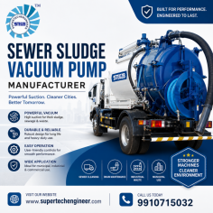 Supertech Engineers is a trusted Sewer Sludge Vacuum Pump Manufacturer offering high-performance vacuum pumps and sewer cleaning solutions for municipal, industrial, and commercial applications. Our sewer sludge vacuum pumps are designed for efficient suction and removal of sludge, sewage, wastewater, and other liquid waste materials. Manufactured with robust components and advanced technology, these pumps deliver powerful suction, reliable operation, and long service life with minimal maintenance. Supertech Engineers provides quality solutions suitable for sewer cleaning, drainage maintenance, septic tank cleaning, and waste management operations.