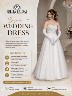 Looking for a stunning sequin wedding dress in Melbourne? Jullia Bridal offers a beautiful selection of sparkling bridal gowns designed with elegant silhouettes, quality fabrics, and eye-catching sequin details. Find a style that reflects your personality and makes you shine from ceremony to reception.