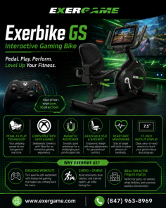 Exergame Fitness offers the Exerbike GS, a light-commercial stationary bike with pedal-to-play technology that connects exercise with Xbox gaming. It features magnetic resistance, an adjustable seat and backrest, heart-rate monitoring, a 7.5-inch backlit display, and built-in tracking to make workouts more engaging. Call (847) 963-8969 for more information.