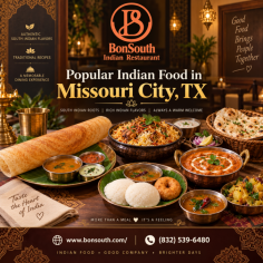 Experience the rich taste of Indian food in Missouri City, TX at BonSouth Restaurant. The menu features a variety of South Indian specialties, biryanis, curries, dosas, appetizers, and flavorful vegetarian and non-vegetarian options. Each dish is prepared with traditional spices and bold flavors for a satisfying meal. Enjoy a comfortable dining experience with family and friends or order your favorites for takeout. Call (832) 539-6480 today.
