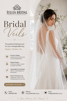 Find the perfect Bridal Veils to complete your wedding look with Jullia Bridal. From delicate lace and pearl details to elegant, modern designs, our collection offers beautiful options for every bride. Explore stylish wedding veils designed to complement your gown and add a graceful finishing touch to your special day.