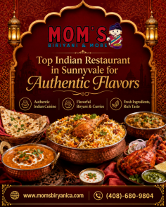 Discover authentic Indian flavors at Mom’s Biryani, one of the popular Indian restaurants in Sunnyvale. Enjoy flavorful biryani, rich curries, fresh breads, and traditional Indian favorites prepared with quality ingredients. Whether you’re planning lunch, dinner, takeout, or a meal with family and friends, Mom’s Biryani offers a satisfying dining experience. Experience bold spices, comforting flavors, and a welcoming atmosphere in every visit. Call (408) 680-9804 to order or learn more.
